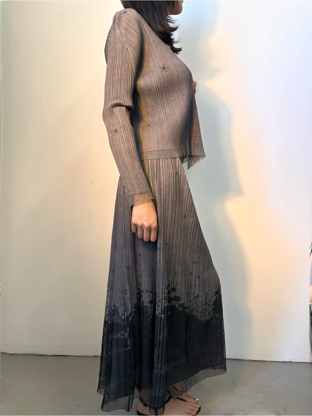 Issey Miyake Gray Pleated Maxi Skirt with Ombre Hem - Picture 2 of 6